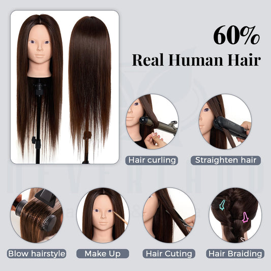 Neverland training head with stand - 71cm, 60% real hair. Perfect for practicing hairstyling and makeup. Comes with table clamp and DIY braid hair set.