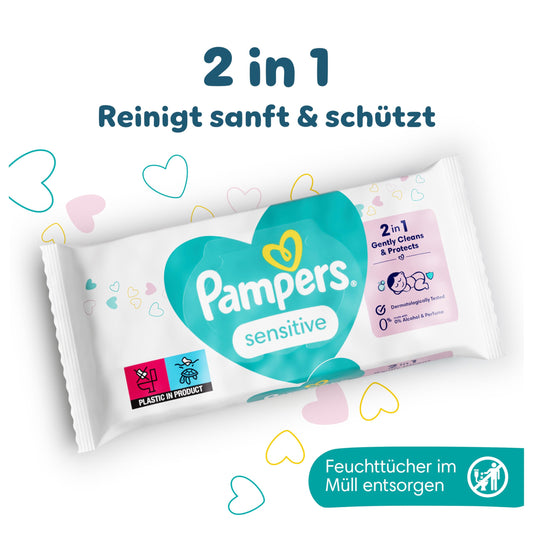 Pampers Sensitive Wipes 15 packs of 80 pieces, 1200 wipes, fragrance-free for gentle and soft cleaning.