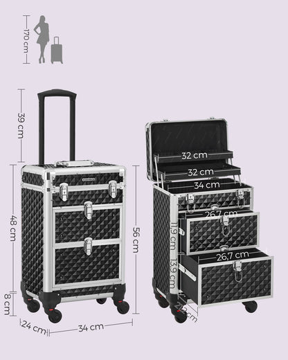 SONGMICS Cosmetic Case Trolley, Makeup Case with 2 Drawers, Large Hairstylist Case, Makeup Case, 34 x 24 x 56 cm, 360° Rotating Wheels, Travel, Hairstylists, Gift Idea, Black JHZ08BK.