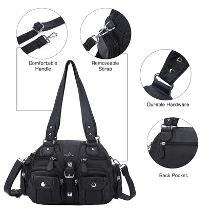 Angel Kiss women's handbag, shoulder bag, made of soft leather with zipper, elegant tote bag with 2 main compartments for office, school, shopping. Black.