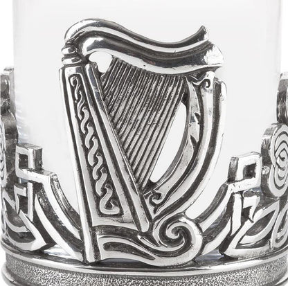 AE Williams whiskey glass with Irish Celtic shamrock and harp made of pewter.