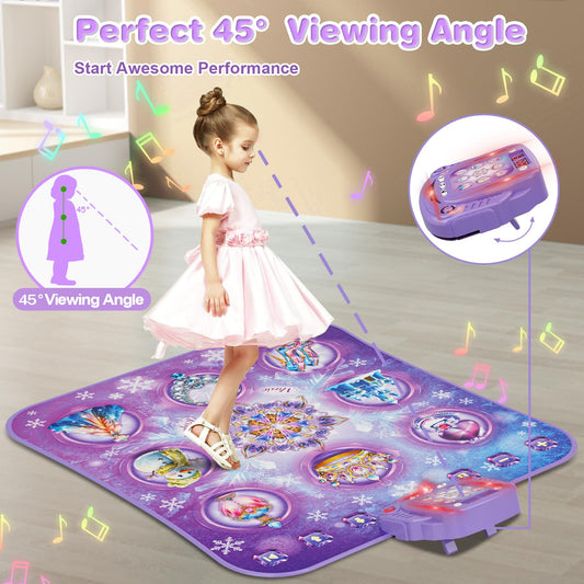 Dance mat kids toy gifts for girls 3 4 5 6 7 8 9 years, 2025 8 button dance mat with Bluetooth, Flowing light control system with stands, Purple princess gift for 3-12 girls