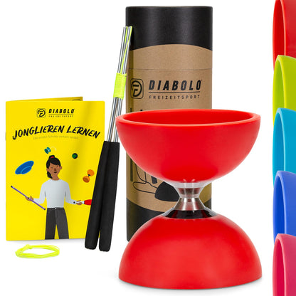 Diabolo recreational sports juggling set Pro with ball bearing diabolo (red), aluminum handsticks, spare string & instructions - with gift packaging.