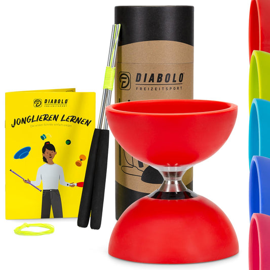Diabolo recreational sports juggling set Pro with ball bearing diabolo (red), aluminum handsticks, spare string & instructions - with gift packaging.