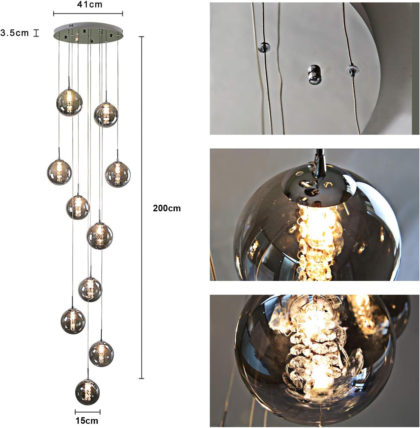 CBJKTX pendant light staircase pendant lamp height adjustable - modern dining table pendant light 10-flame hanging lamp smoke grey made of glass 200CM dining table lamp for living room dining room kitchen hallway staircase