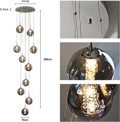 CBJKTX pendant light staircase pendant lamp height adjustable - modern dining table pendant light 10-flame hanging lamp smoke grey made of glass 200CM dining table lamp for living room dining room kitchen hallway staircase