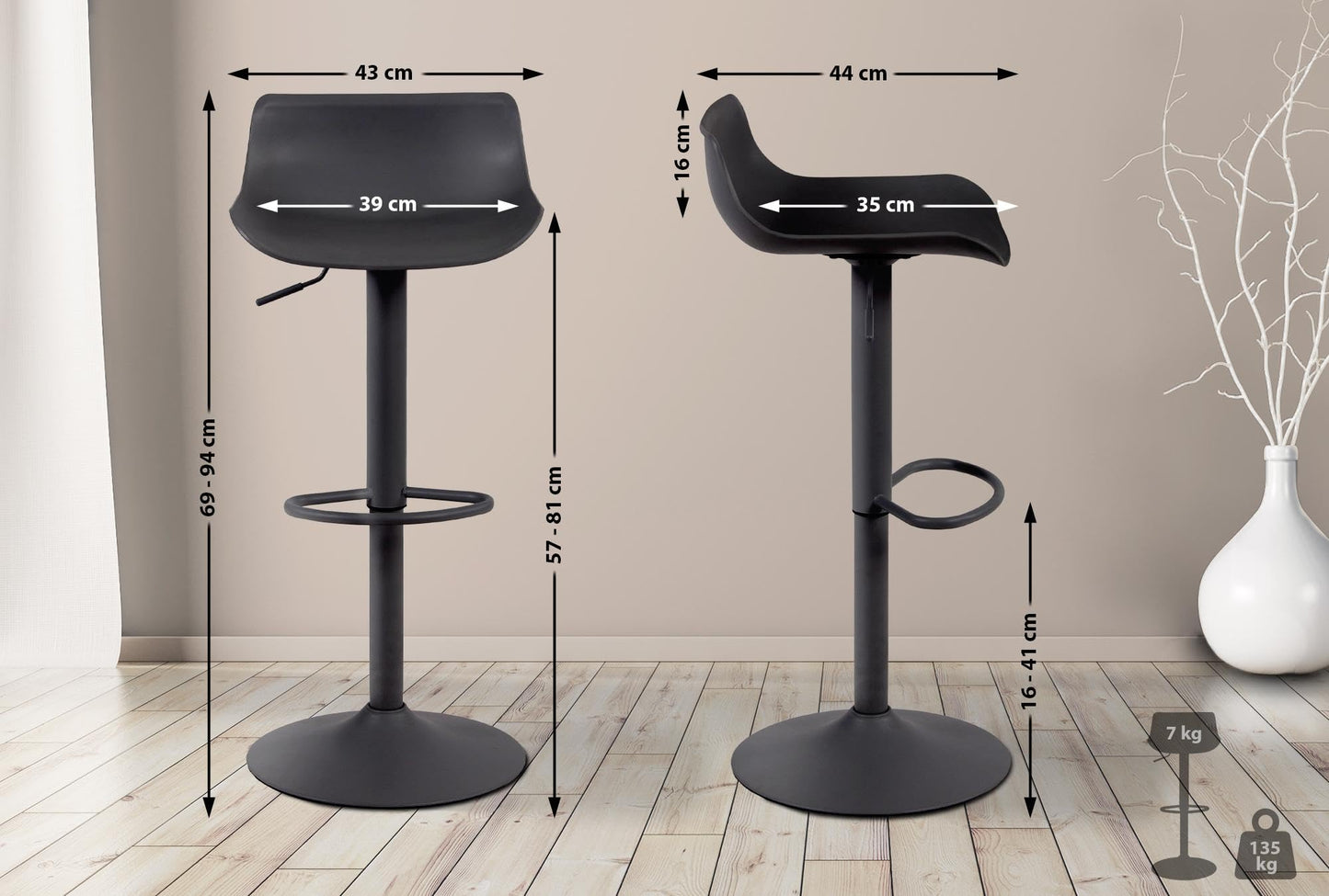 CLP 2er Set Barstools Aveiro with plastic seat I Adjustable counter stool I Counter stool with trumpet base, Color: black