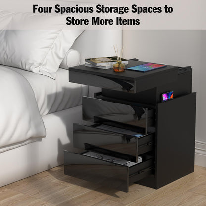 Lvhcmfohm Nightstand Black 2-Piece Set, Bedside Table with LED Light and Outlet, Nightstand with 3 Drawers and Hidden Sliding Cabinets for Living Room, Bedroom (45x40x67cm)