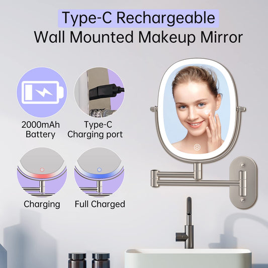 FUNTOUCH USB Rechargeable Makeup Mirror with LED Lighting, 1X/7X Magnification, Dimmable Shaving Mirror 3 Colors, Touch Screen Vanity Mirror, 360° Rotatable, Wall Mirror for Bathroom and Hotel