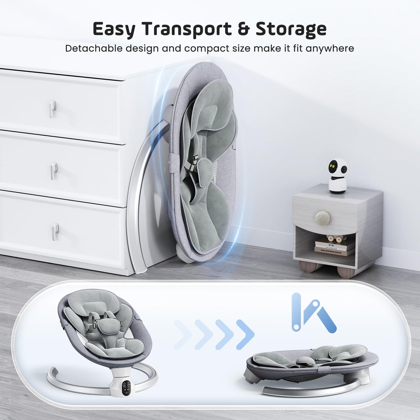 Kotsy Baby Bouncer Electric with APP control adjustment, electric baby swing with 5 natural swinging speeds, with timing, with remote control, 0-9 kg, music, toys.