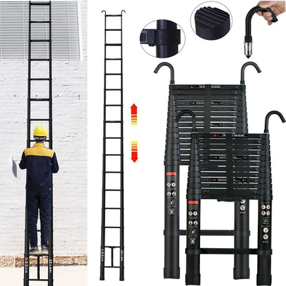 6.2m/20.34ft telescoping ladder with detachable roof hooks Multi-purpose folding black ladder, aluminum high telescoping ladder extension Foldable ladder, 330lb capacity, EN131 certified