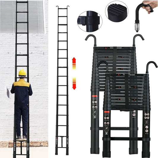 6.2m/20.34ft telescoping ladder with detachable roof hooks Multi-purpose folding black ladder, aluminum high telescoping ladder extension Foldable ladder, 330lb capacity, EN131 certified