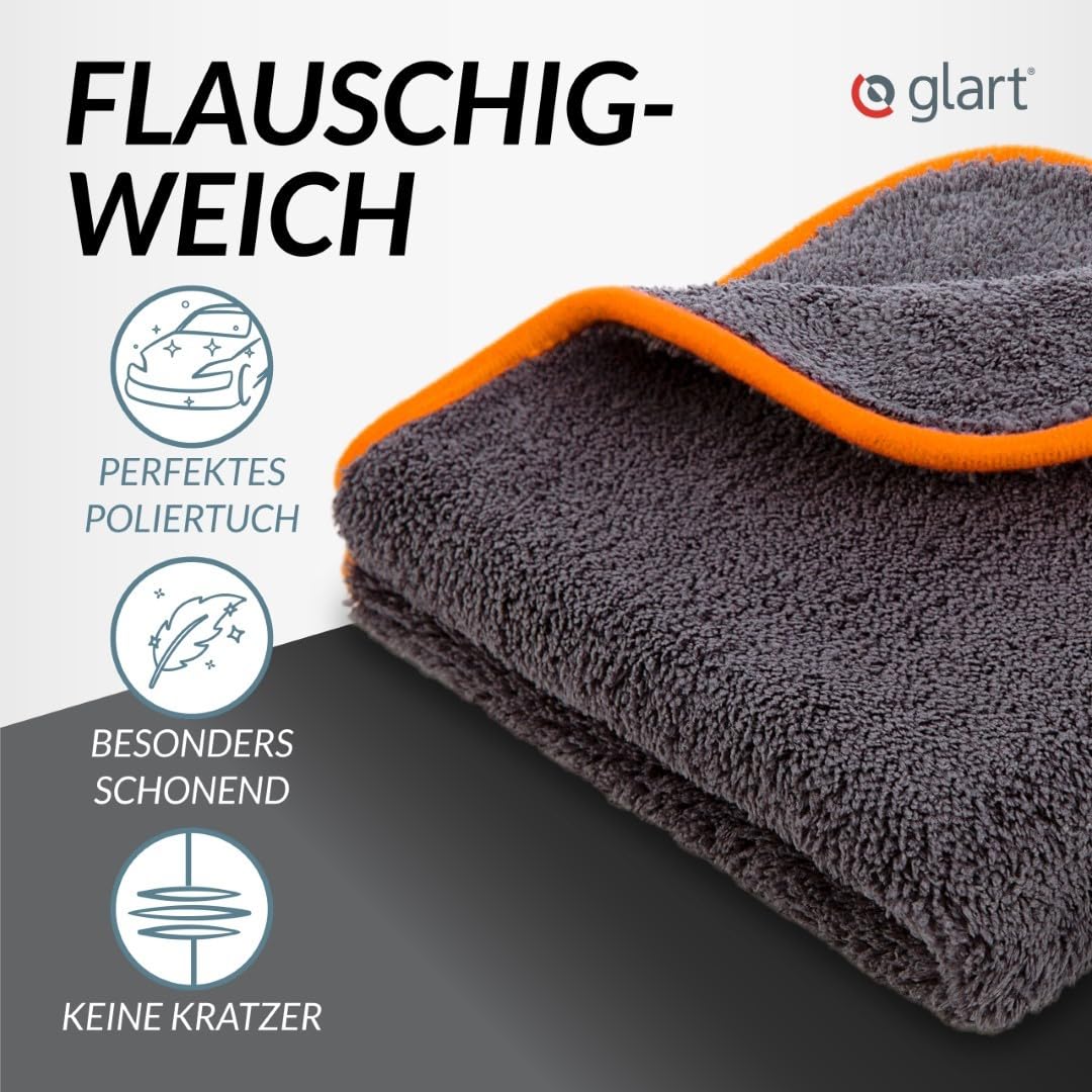 Glart 443TPO Microfiber Cloths 3-Pack - 600 GSM - 40x40 cm - Plush Car Polishing Cloths for Drying & Care - Ultra-soft, lint-free & absorbent - For car care, motorcycle, boat & household