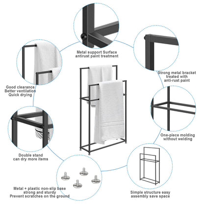 WING freestanding towel stand made of metal, standing towel holder for bathroom in black, standing bath towel stand with 3 towel bars, bathroom accessory and valet stand, 85×20×110cm (L×W×H)