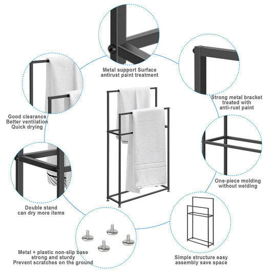 WING freestanding towel stand made of metal, standing towel holder for bathroom in black, standing bath towel stand with 3 towel bars, bathroom accessory and valet stand, 85×20×110cm (L×W×H)