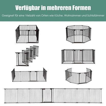 COSTWAY Baby Fireplace Safety Gate foldable, incl. 8 panels, 480 x 74 cm, playpen with safety door, fire guard with wall mounting, metal configuration gate, barrier gate (Black)