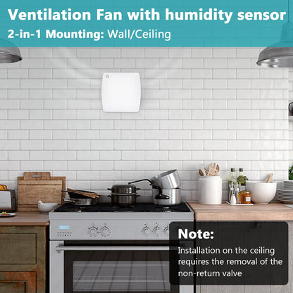 Gimisgu bathroom fan with humidity sensor. Quiet 150mm exhaust fan with timer and backdraft damper. Wall-mounted fan for kitchen, toilet, and bathroom. White color.