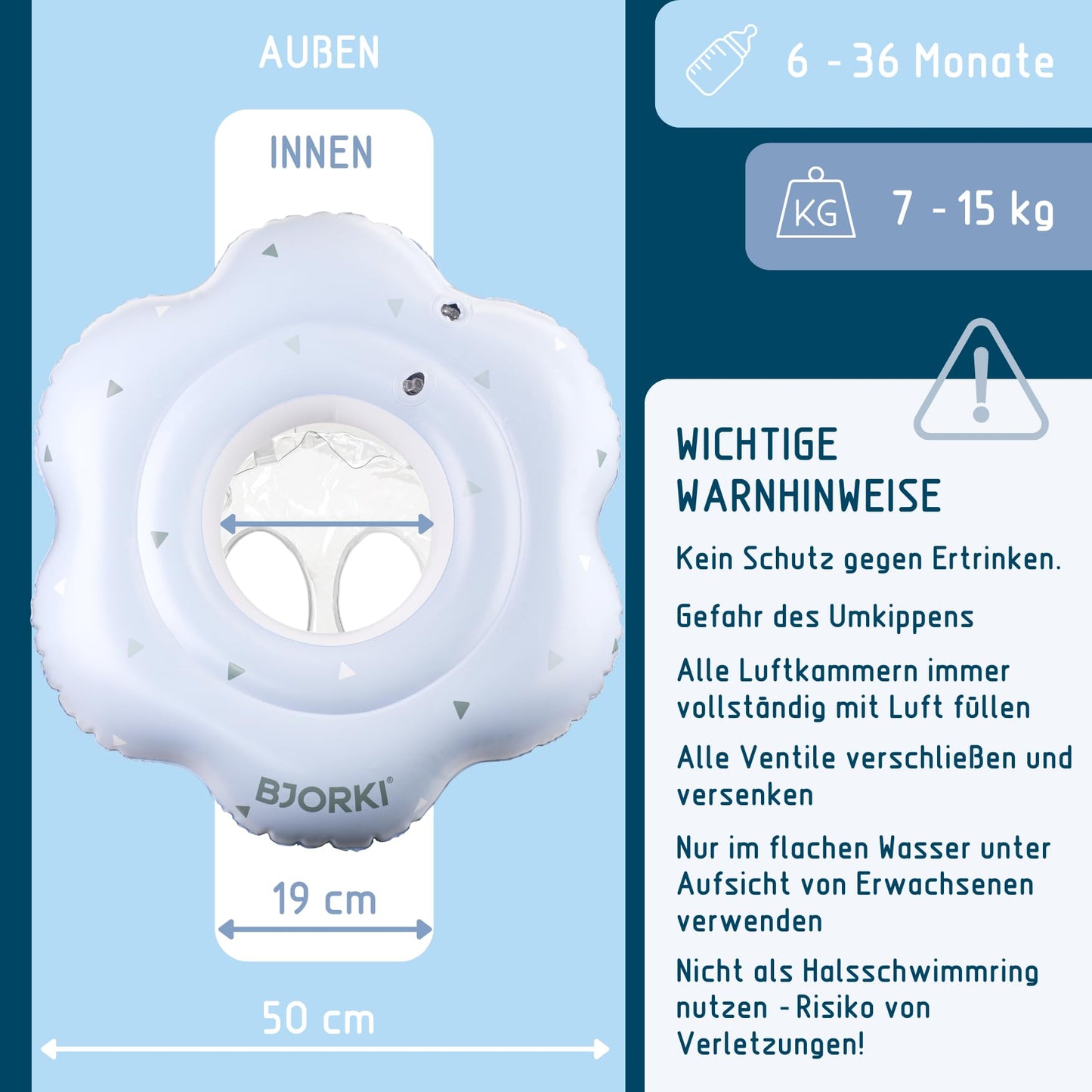 BJORKI® Baby Swim Ring - Adjustable swim aid for babies from 6 months to 3 years - Sturdy float ring for babies from 6 months old - Perfect swim trainer to promote motor skills