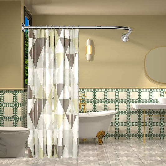 L-Shaped Shower Curtain Rod - Expandable stainless steel shower curtain rod (70-100x90-120cm) with 24 rings. Ideal for bathrooms, bathtubs, and dressing rooms. Drilling required.