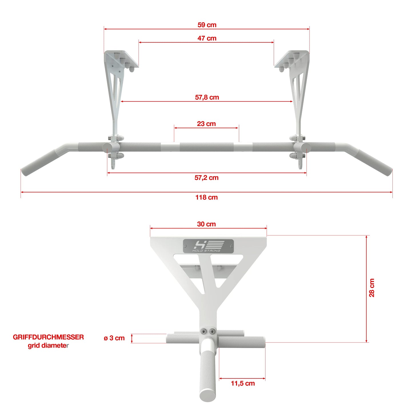 HOLD STRONG Fitness Pull-Up Bar for Ceiling Mount, HS-K-D6W, White, Studio Approved, 6 Non-slip Handles, Pull Up Exercises & more, incl. E-Book & Mounting Material, extremely sturdy