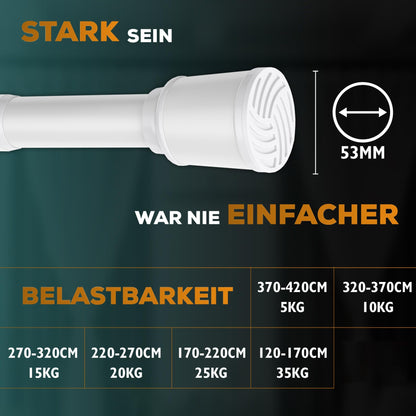 MEISENBERG Tension Curtain Rod 320-370cm, White, Ø 32mm, No Drilling Curtain Rod for Windows, Showers, and Partitions.