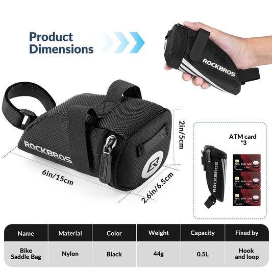 ROCKBROS Bicycle Saddle Bag Bike Seat Bag for MTB Road Bike Folding Bike 15*6.5*5CM* with mounting straps/bracket.