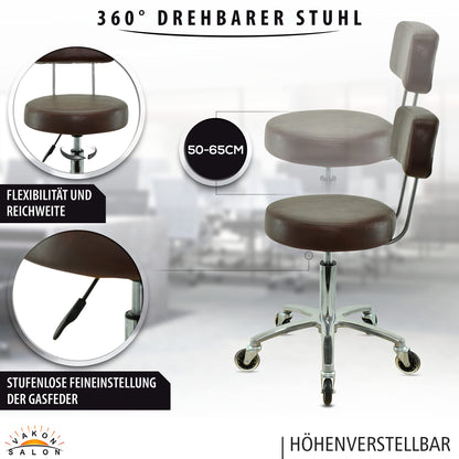 VAKON SALON - Premium rolling stool with backrest in brown - Adjustable height from 50 to 65 cm - Round seat - Swivel stool work stool practice stool.