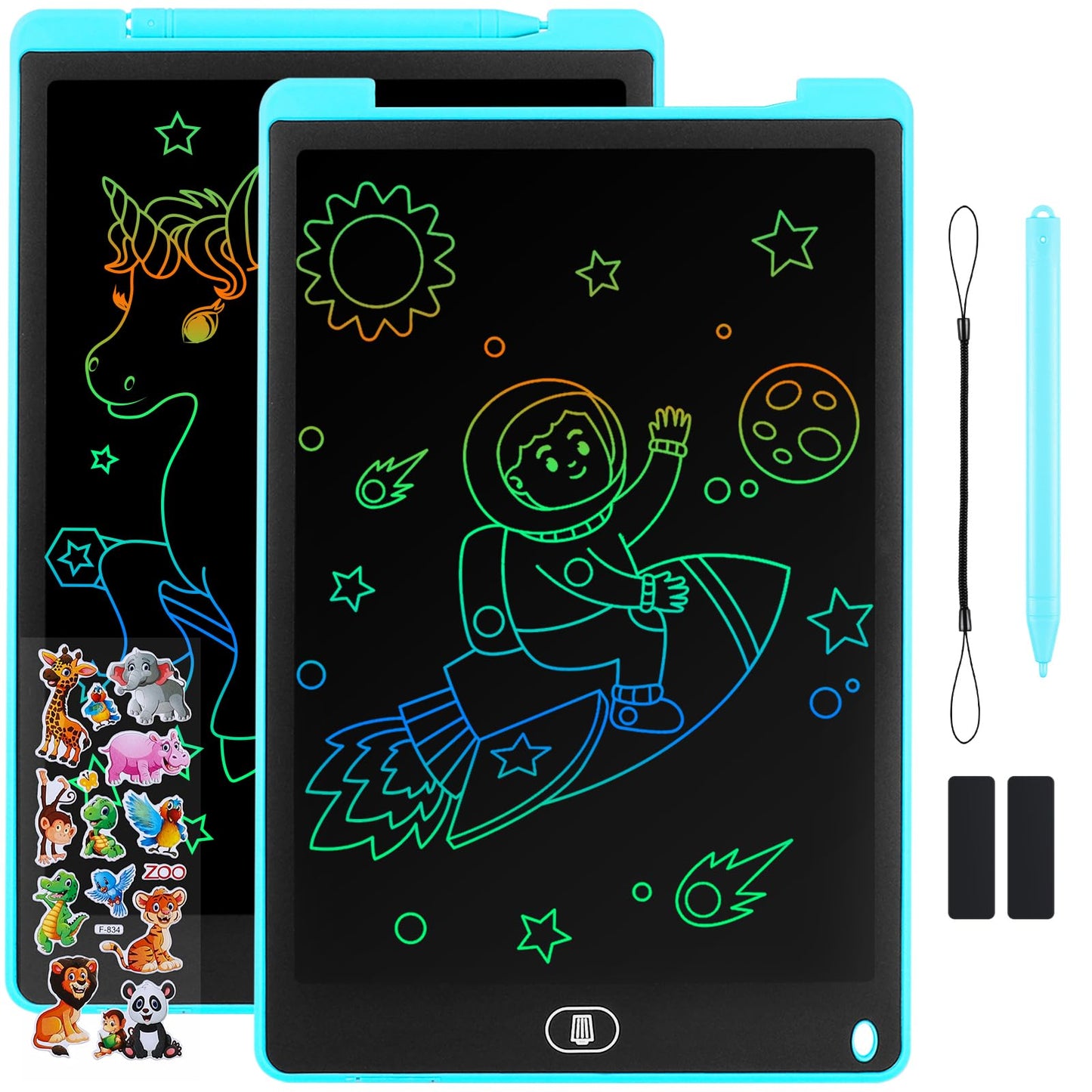 Damcyer 2 Pack-12 Inch LCD Writing Tablet for Kids, LCD Magic Board with Animal Stickers, Reusable Drawing Pad for Kids and Adults Birthday Gifts Toy, Blue + Blue