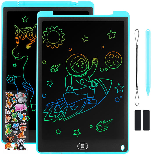 Damcyer 2 Pack-12 Inch LCD Writing Tablet for Kids, LCD Magic Board with Animal Stickers, Reusable Drawing Pad for Kids and Adults Birthday Gifts Toy, Blue + Blue