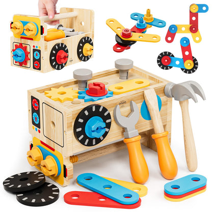 Lehoo Castle Tool Kit for Kids Workbench Children's Toy for Ages 2 and up, 29 Piece Children's Montessori Wooden Tool Toy, Gift for Boys and Girls Tool Motor Skills Learning Games 2 3 4 Years