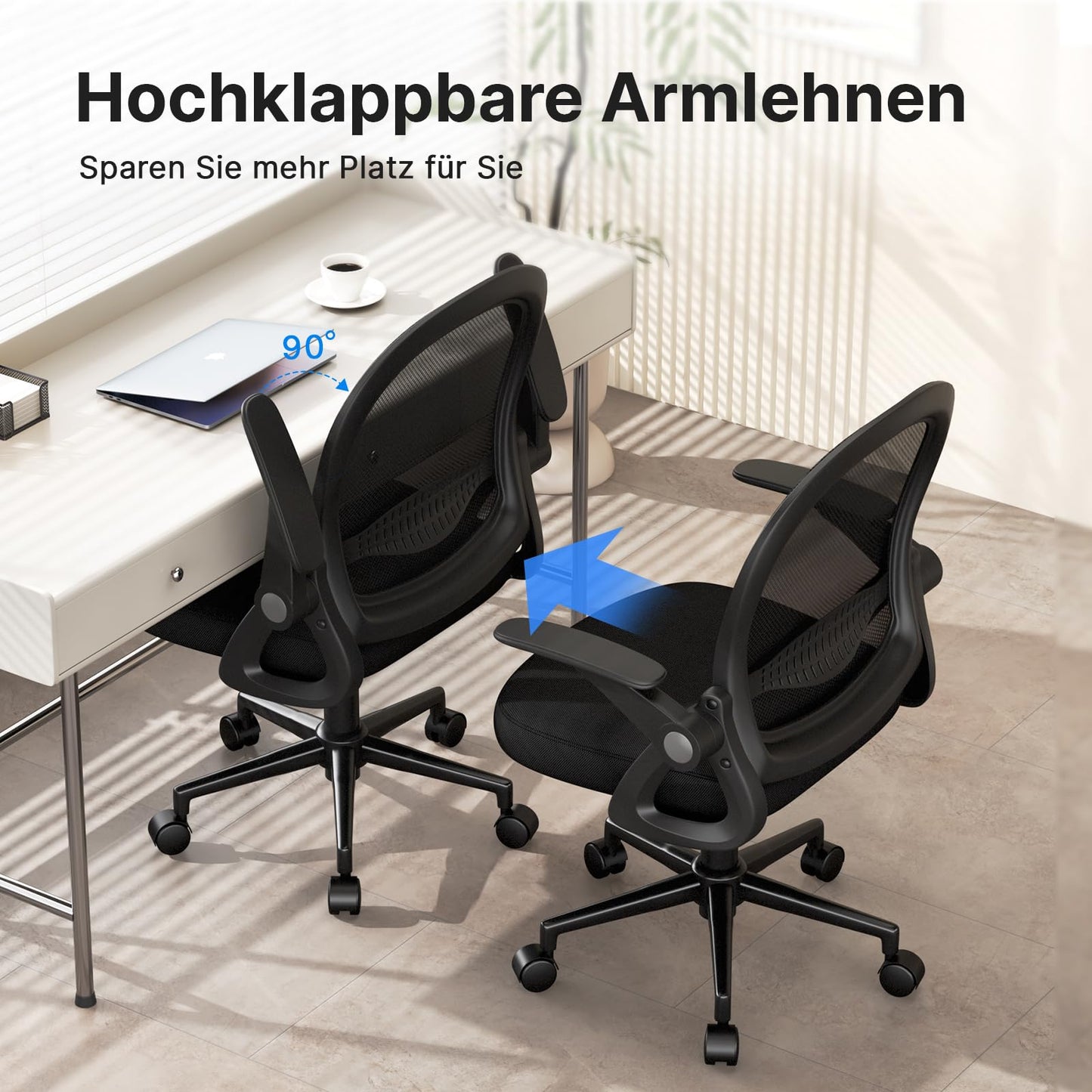 naspaluro office chair, Ergonomic desk chair with breathable mesh backrest, Foldable armrests, Height adjustable, Computer chair, Lightweight chair, 360° swivel chair, Black