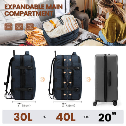 LOVEVOOK 30-40L backpack carry-on travel backpack for men and women, expandable business backpack, laptop backpack for 17.3 inches, anti-theft, blue.