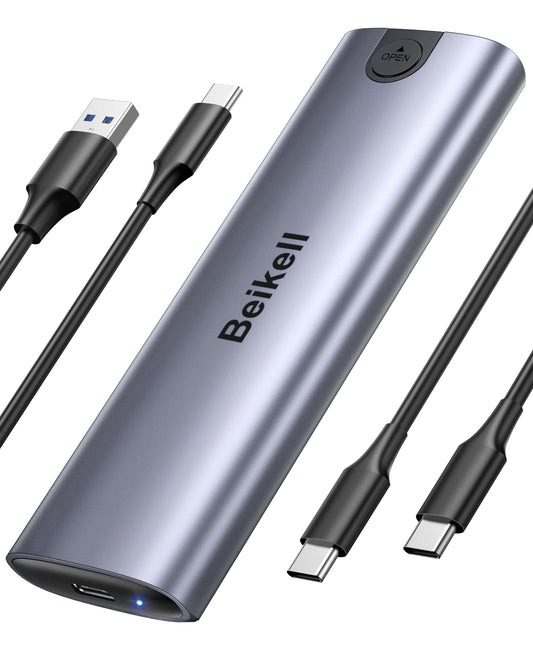 Beikell NVMe M.2 USB 3.2 SSD enclosure with heatsink 10 Gbps for PCIe M-Key/M+B Key/NVMe Express in 2230/2242/2260/2280, with Type C and A cables Tool-free.