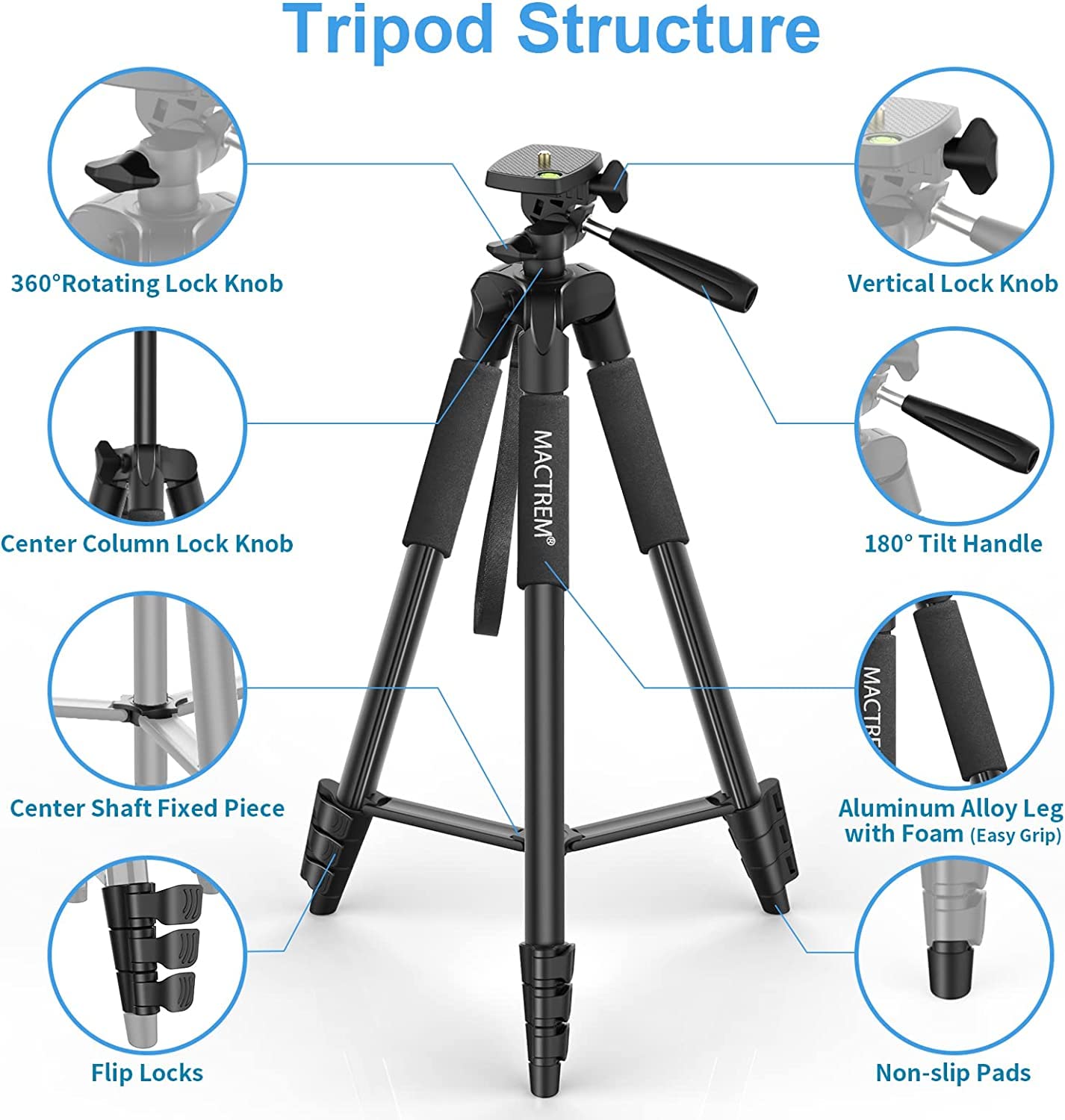 Cellphone tripod, Upgrade 165cm / 65" Camera Tripod for Smartphone iPad, 360° Rotation Portable Tripod with Remote Shutter Compatible for Tablet, All Phones, iPhone, Samsung, Camera, Gopro