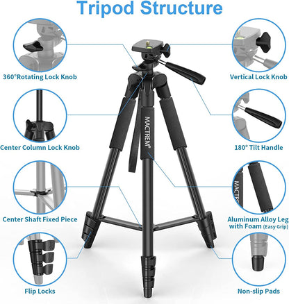 Cellphone tripod, Upgrade 165cm / 65" Camera Tripod for Smartphone iPad, 360° Rotation Portable Tripod with Remote Shutter Compatible for Tablet, All Phones, iPhone, Samsung, Camera, Gopro