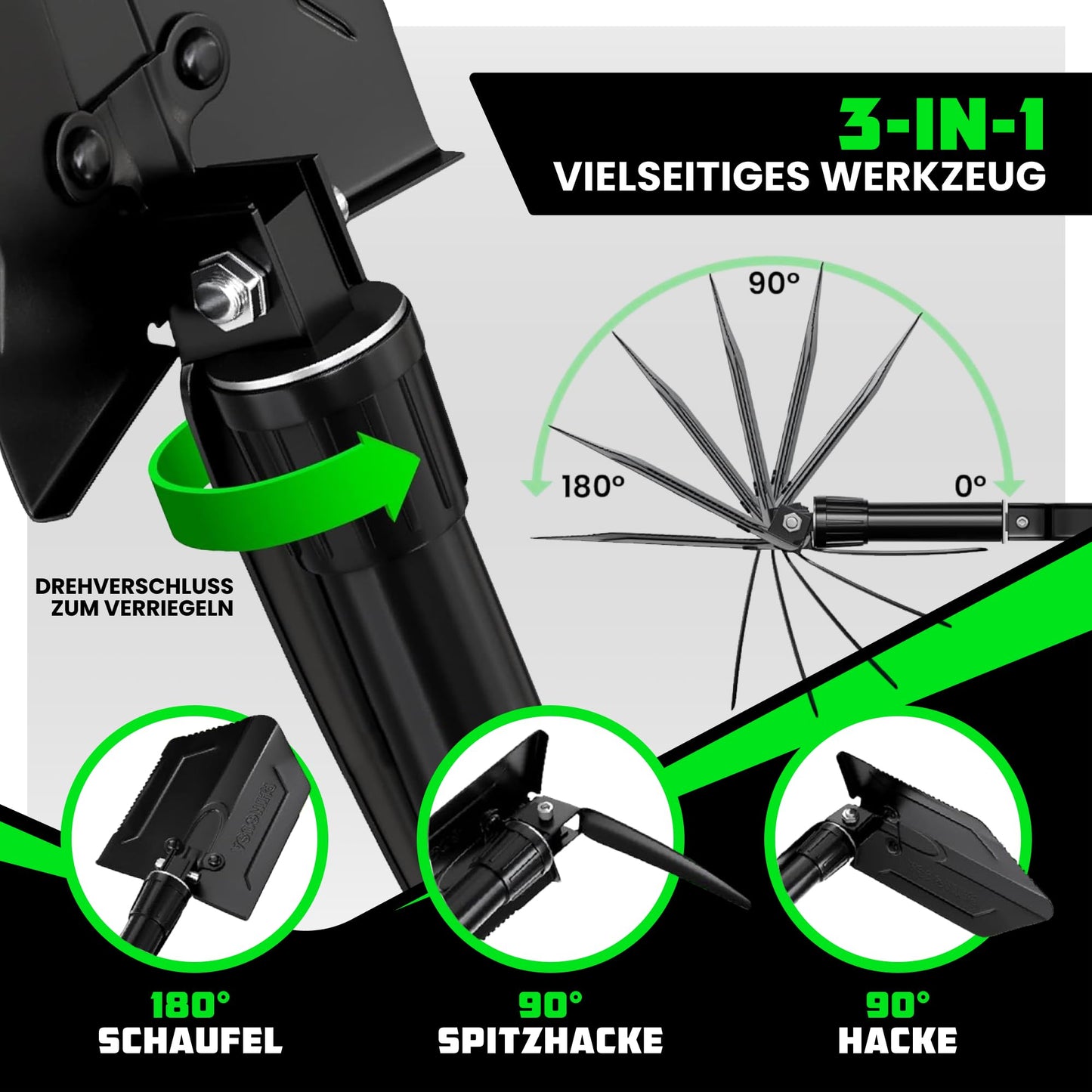 Rhino USA Folding Shovel with Pick for Survival Gear - Carbon Steel Folding Shovel for Outdoor Equipment, Camping gear, as a garden shovel, beach shovel and snow shovel.