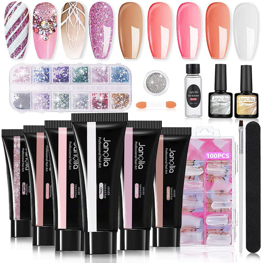 Janolia Nail Extension Kit for nails, Gel Builder Nails Starter Set for nail design with 15ml * 6 colors nail extension gel, base coat, top coat, very suitable for beginners.