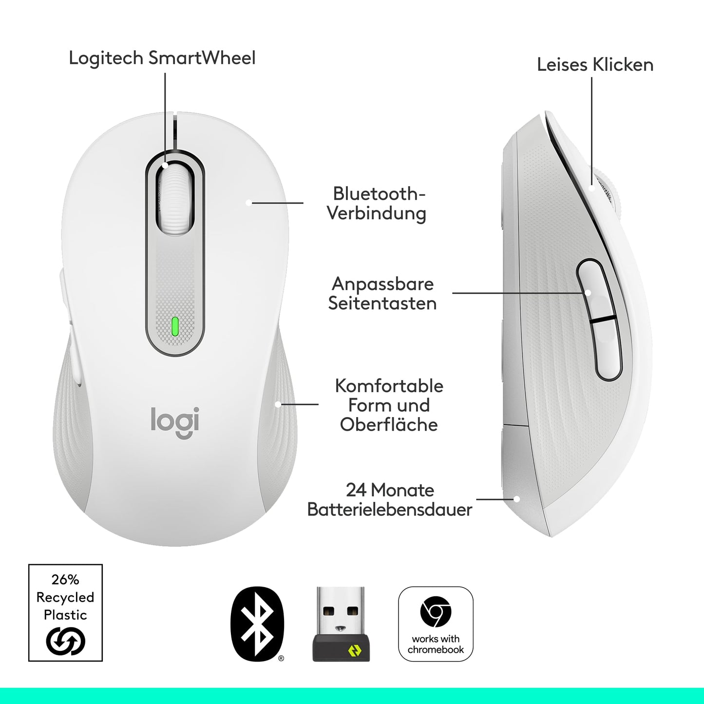 Logitech Signature M650 wireless mouse - for small to medium hands, 2-year battery life, quiet clicks, customizable side buttons, Bluetooth, multi-device compatibility - White
