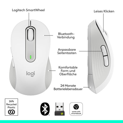 Logitech Signature M650 wireless mouse - for small to medium hands, 2-year battery life, quiet clicks, customizable side buttons, Bluetooth, multi-device compatibility - White