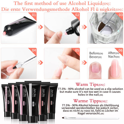 Janolia Nail Extension Kit for nails, Gel Builder Nails Starter Set for nail design with 15ml * 6 colors nail extension gel, base coat, top coat, very suitable for beginners.