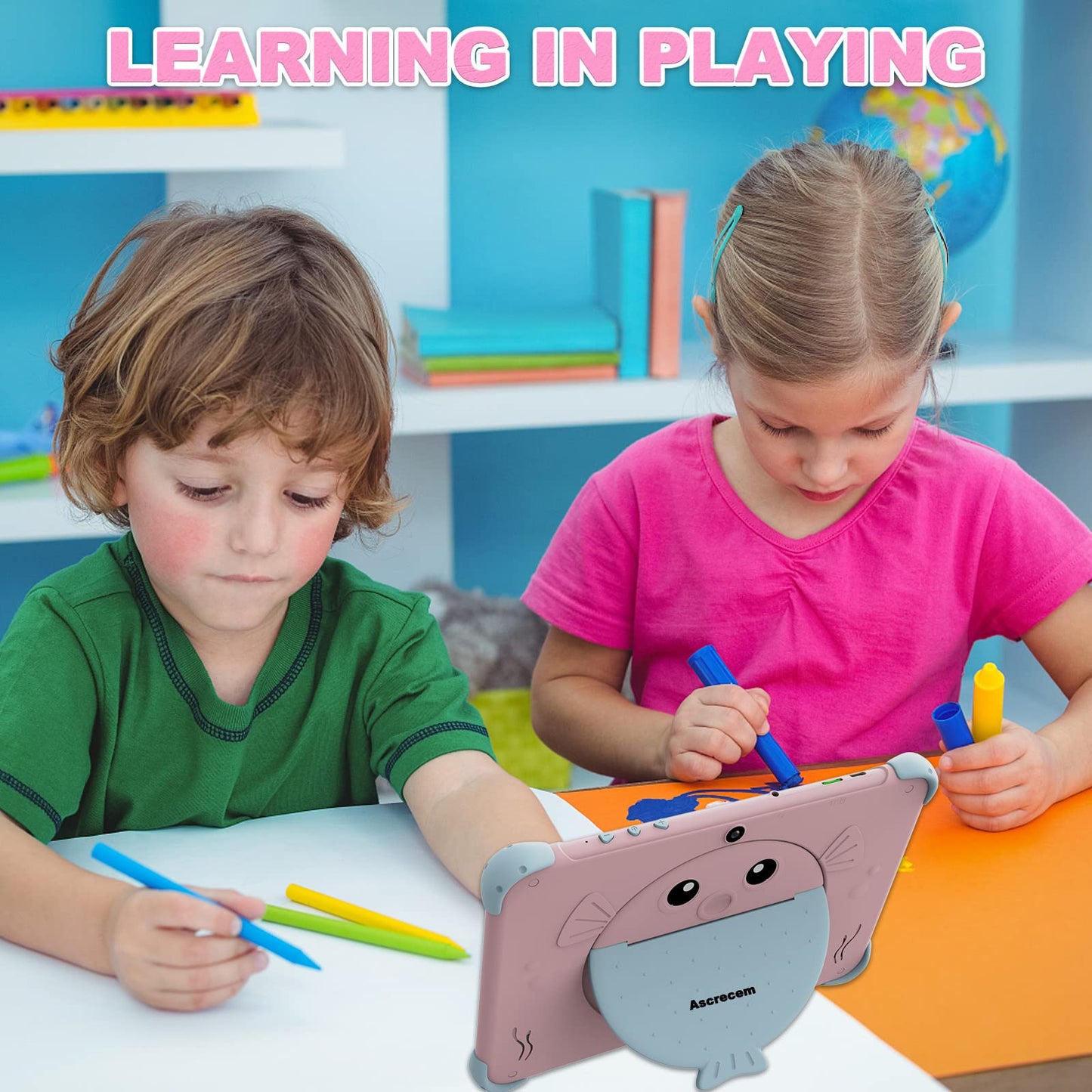 10-inch Android children's tablet with WiFi, dual camera, IPS display, quad-core processor, and 32GB storage. Suitable for kids aged 3-14, with a child-proof case.