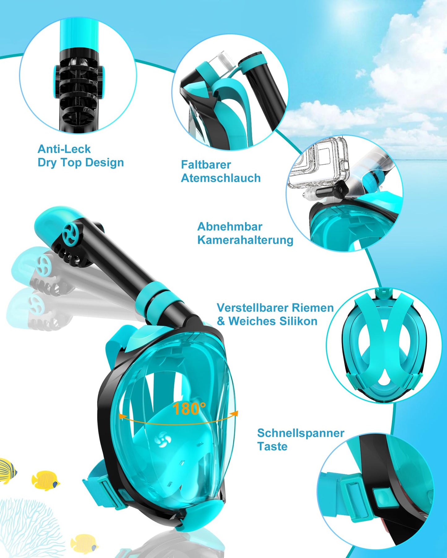 Lealinga Full Face snorkel mask with fins, Adult Snorkel Mask, Effortless Breathing, No Fogging, No Water Entry, 180° Vision and Camera Mount