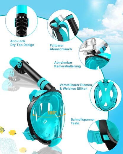 Lealinga Full Face snorkel mask with fins, Adult Snorkel Mask, Effortless Breathing, No Fogging, No Water Entry, 180° Vision and Camera Mount