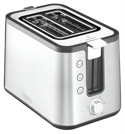 Krups KH442D Control Line Premium Toaster, stainless steel, 2 short slots for 2 slices, bun warmer, 6 browning levels, 850 W, 23.6 x 32.4 x 20.2 cm, silver/black.