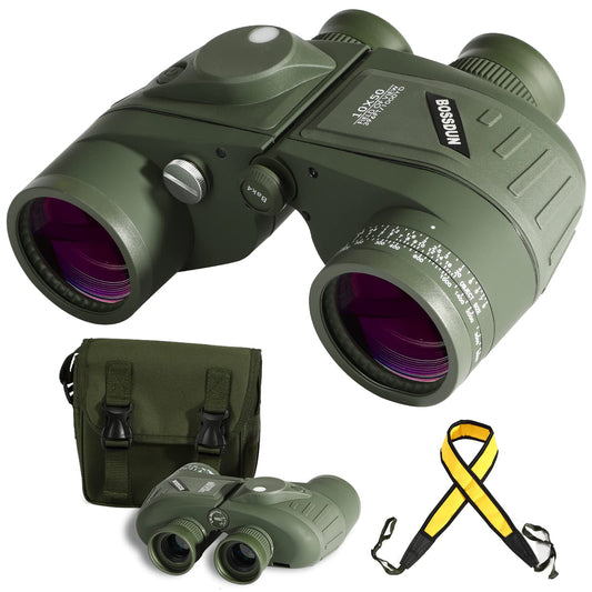 10x50 Marine Binoculars with night vision rangefinder and compass, perfect for water sports enthusiasts and hobby sailors. Includes carrying case, dust caps, and neck strap.