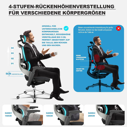 MELOKEA Office Chair 200KG for back pain, with dynamic lumbar support, 4D armrests, adjustable backrest height, adjustable seat depth, EN 1335 Ergonomic Office Chair in Black.