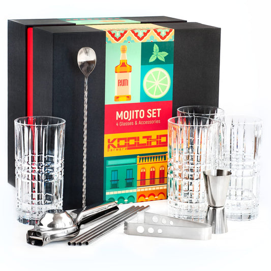 Mojito Glass Set Cocktail Gift Set, Gift Cocktails Glass 4 Piece Set Accessories Lemon Squeezer, 4 Stainless Steel Straws Measuring Cup Spoon Gift Box, Gifts for Women Men