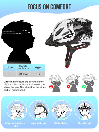 Kids bike helmet, Adjustable helmet for boys and girls aged 3-15, Multi-sport helmet (50-59cm), Safety helmet for biking, scooting, skating (White, S: 50-55cm)