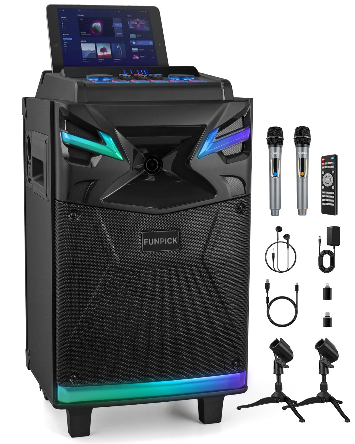 Karaoke machine with 2 microphones, Bluetooth portable PA system for adults, 10-inch speaker supports live streaming, DJ lights/FM radio/recording, YouTube, TikTok.