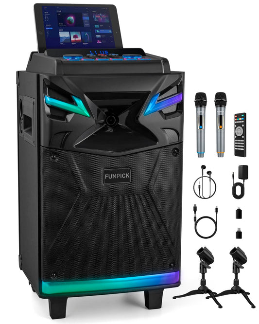 Karaoke machine with 2 microphones, Bluetooth portable PA system for adults, 10-inch speaker supports live streaming, DJ lights/FM radio/recording, YouTube, TikTok.